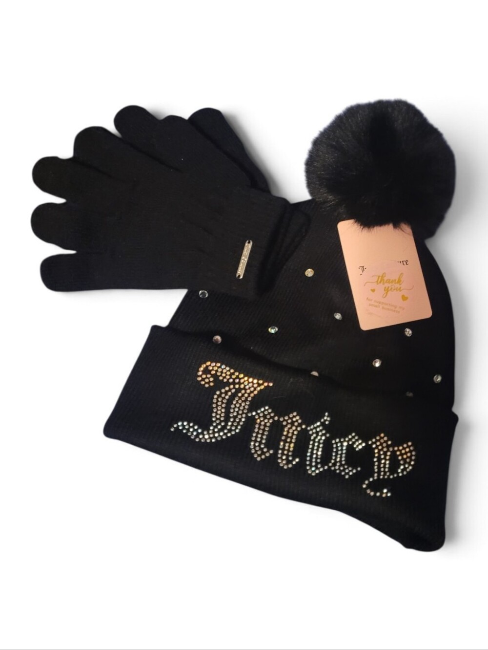 JUICY COUTURE Black Faux Fur Pom Beanie & Glove Set with Rhinestone Detail